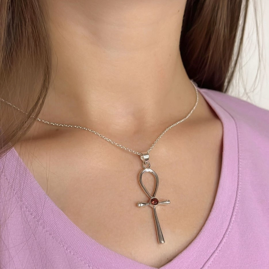 Sterling Silver Garnet Cross Pendant Necklace