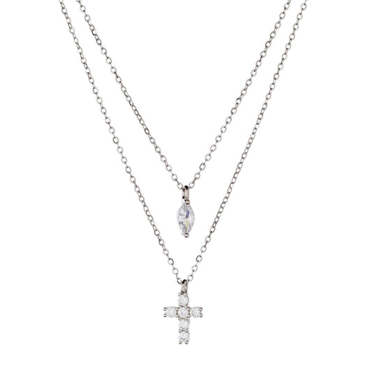 Sterling Silver Double Chain Cross Necklace
