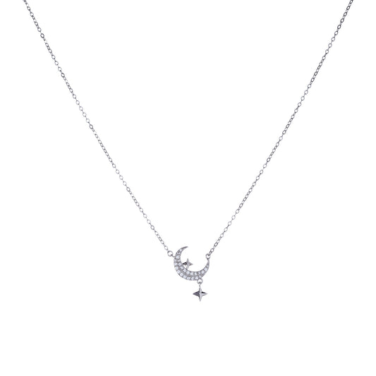 Sterling Silver CZ Moon & Star Necklace