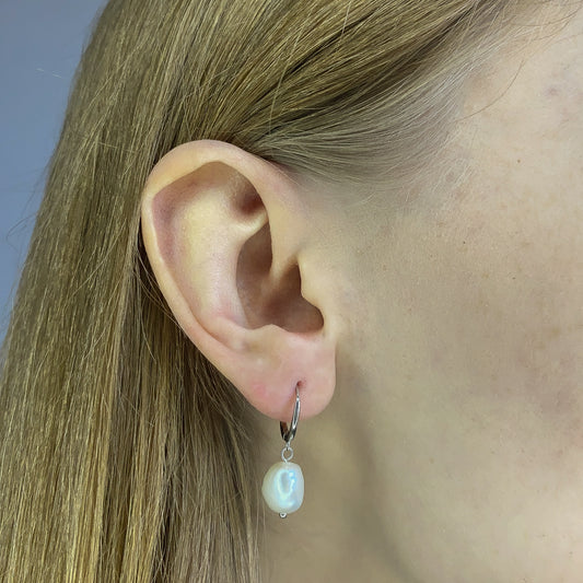 Sterling Silver Hoops with Pearl Charms