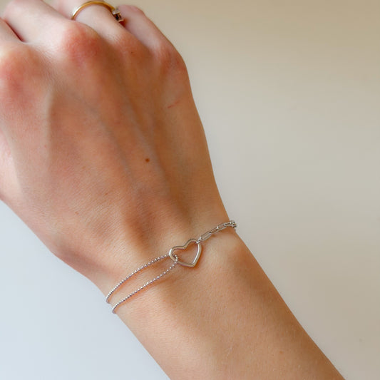 Sterling Silver Double Chain Heart Bracelet
