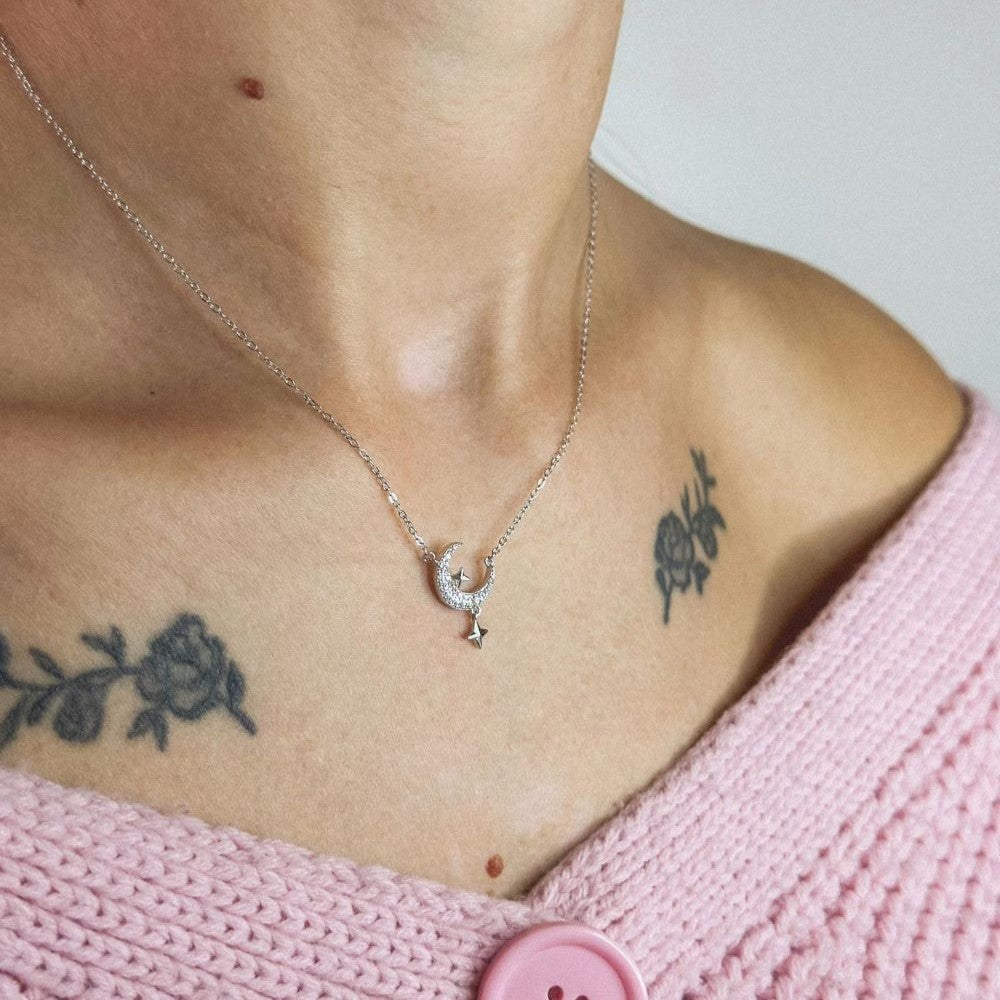 Sterling Silver CZ Moon & Star Necklace