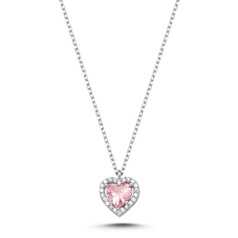 Sterling Silver Pink CZ Heart Necklace