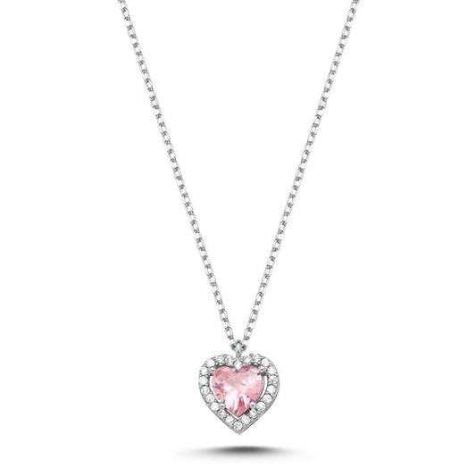 Sterling Silver Pink CZ Heart Necklace