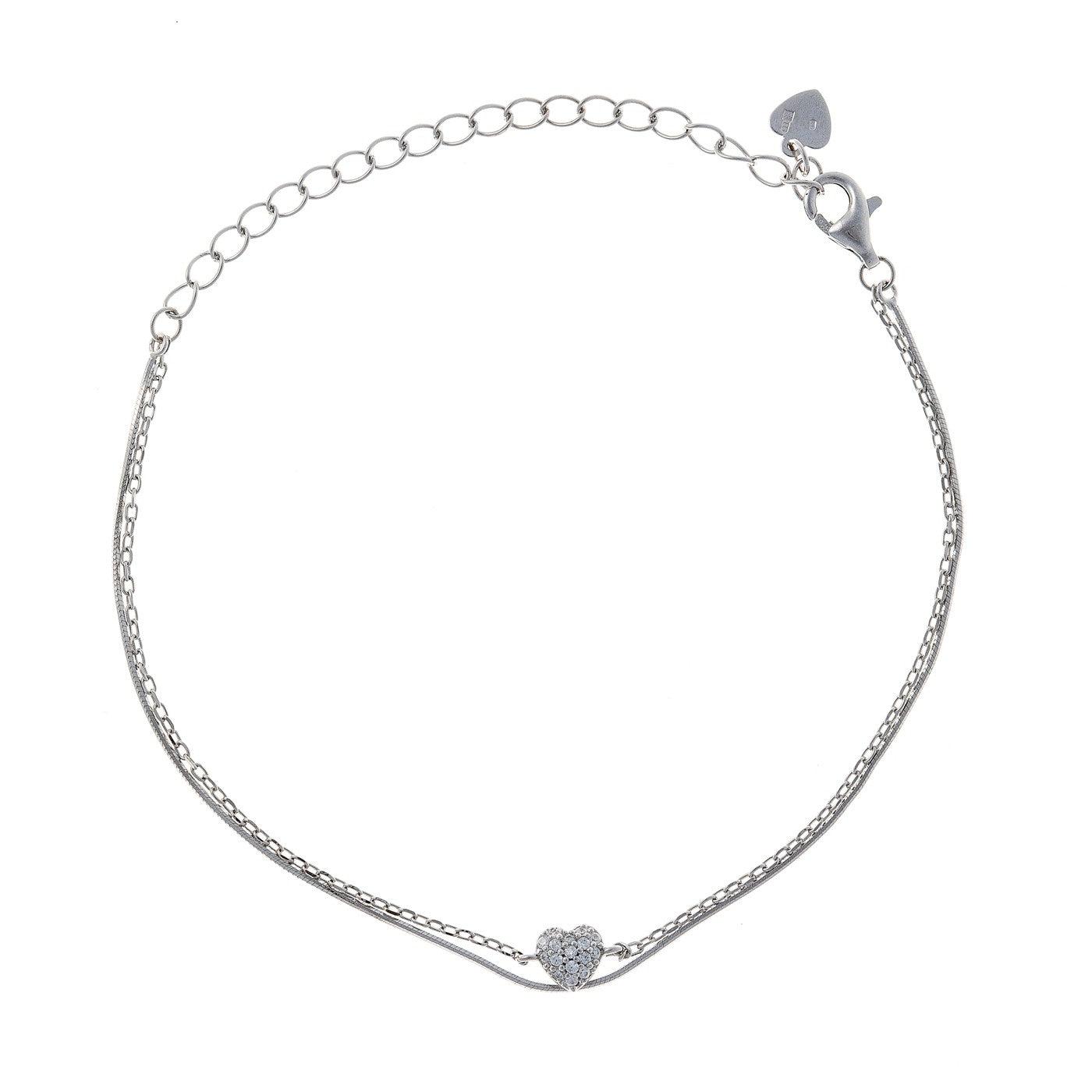 Pulsera de plata de ley con doble cadena y corazón