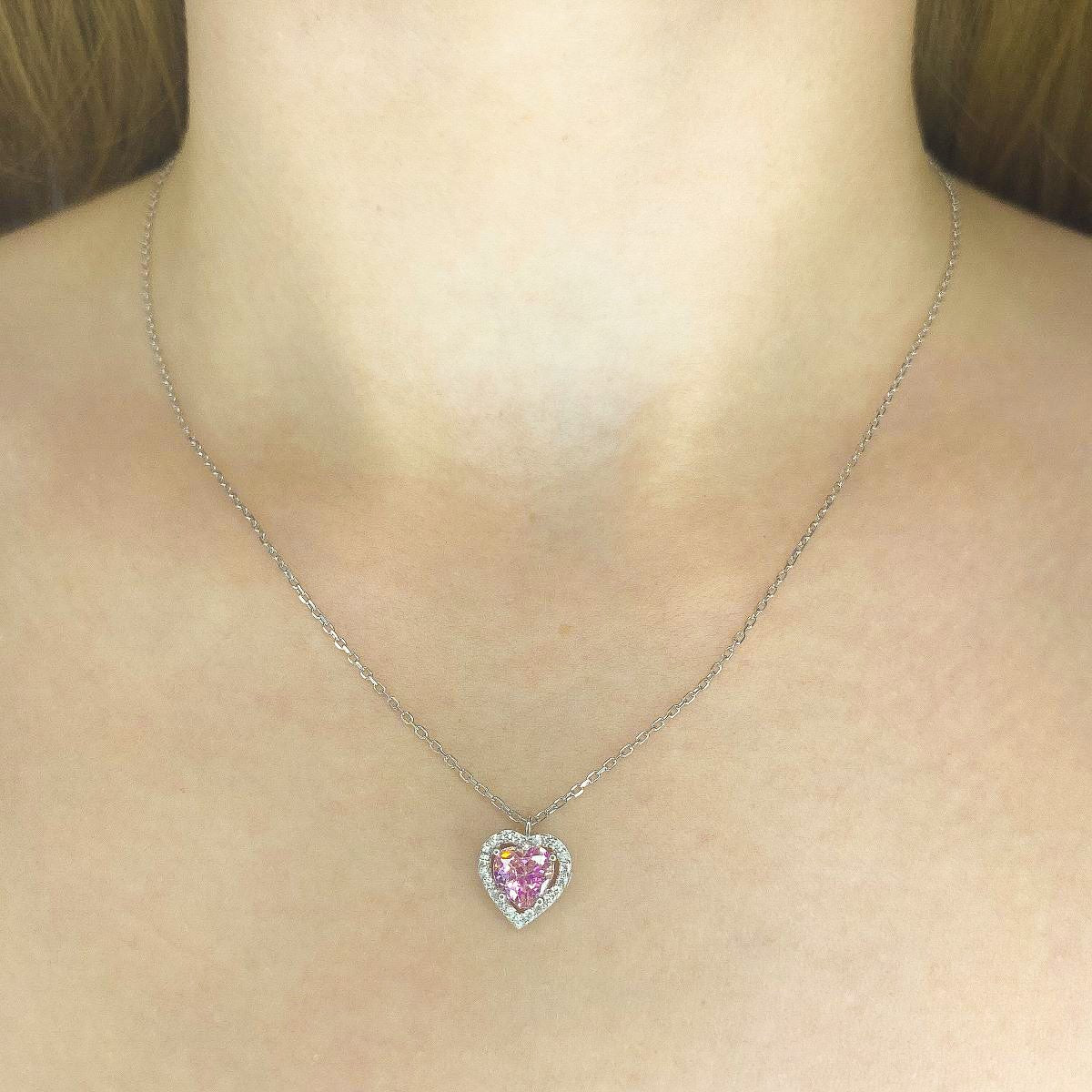 Sterling Silver Pink CZ Heart Necklace