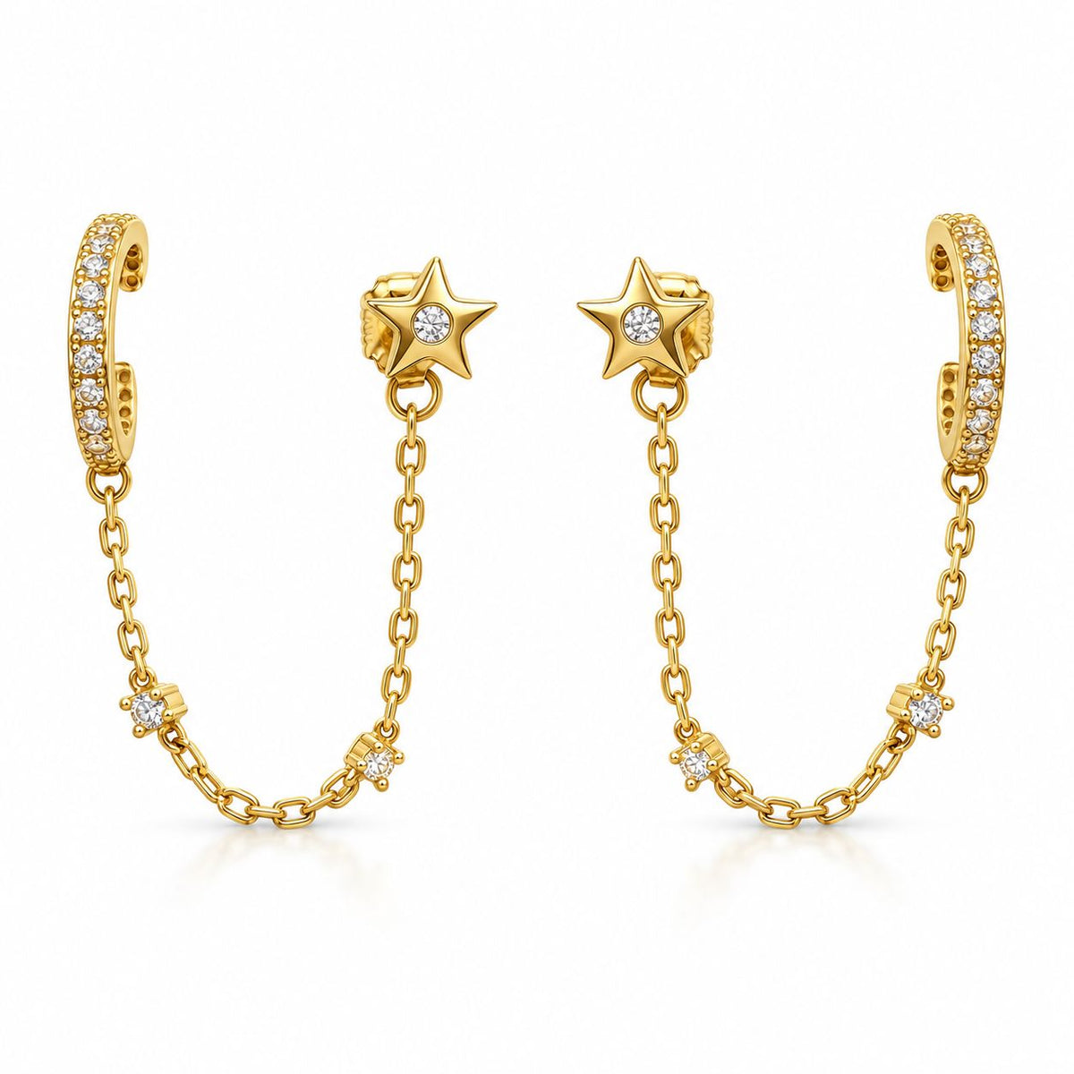 Sterling Silver Star & Huggie Chain Earrings