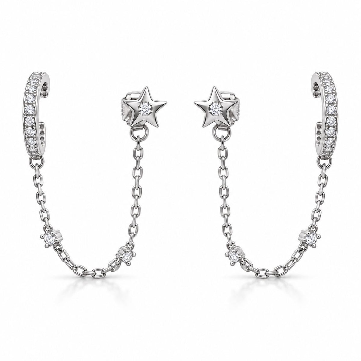 Sterling Silver Star & Huggie Chain Earrings