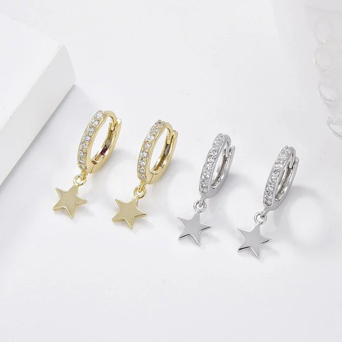Sterling Silver CZ Star Charm Hoops