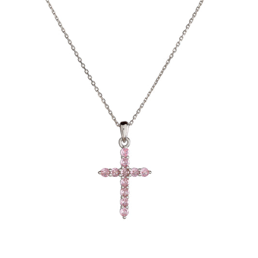 Maria Pink – Rhodium Plated Sterling Silver Cross Necklace with Pink CZ