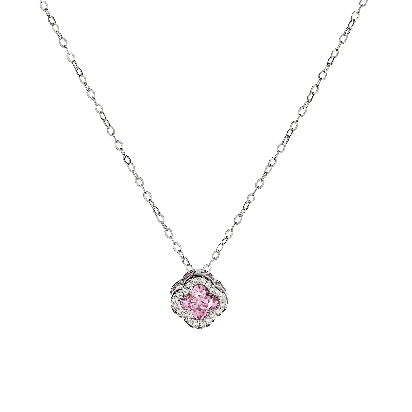 Sterling Silver Pink CZ Clover Necklace