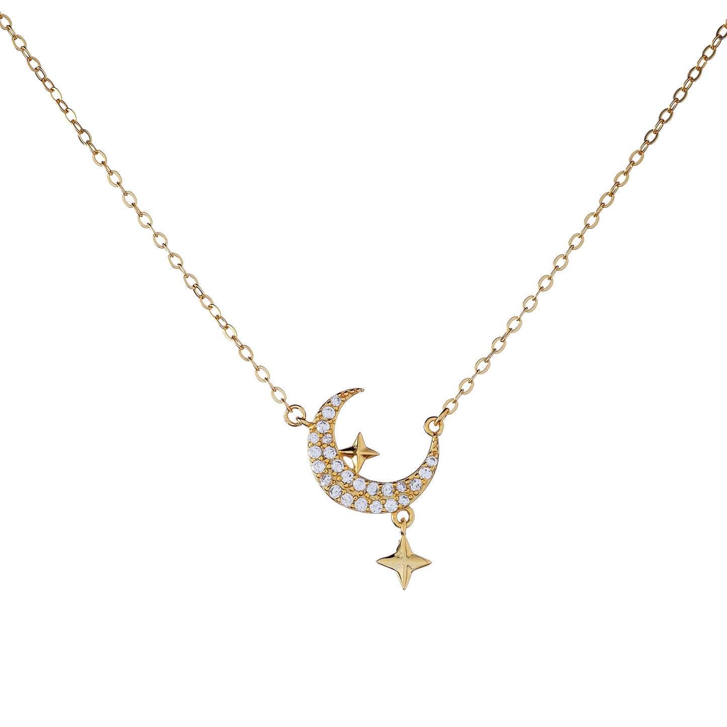 Sterling Silver CZ Moon & Star Necklace
