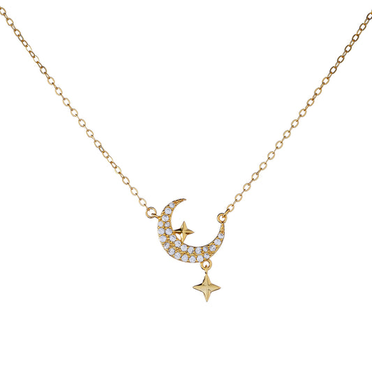 Sterling Silver CZ Moon & Star Necklace