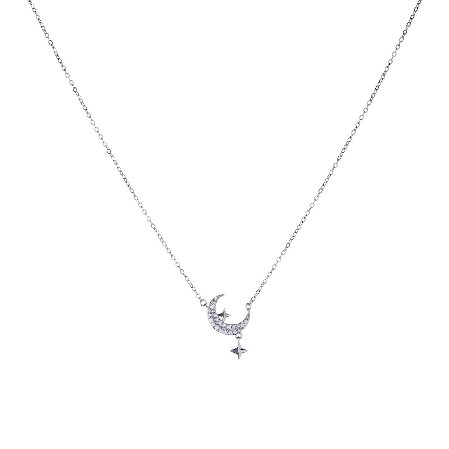 Sterling Silver CZ Moon & Star Necklace