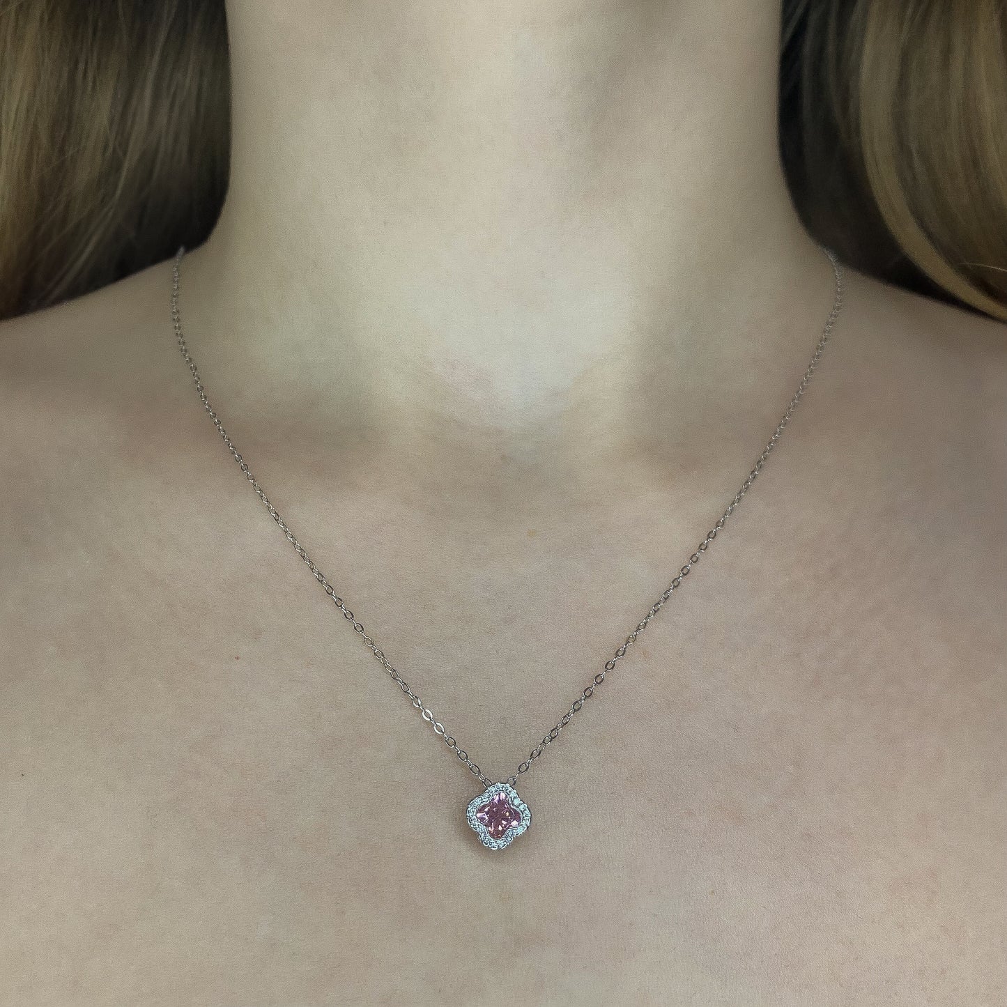 Sterling Silver Pink CZ Clover Necklace