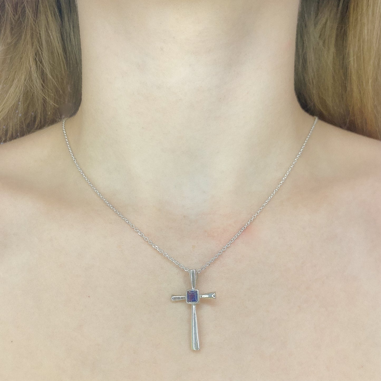 Sterling Silver Iolite Cross Pendant Necklace