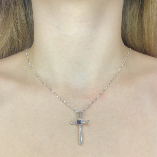 Sterling Silver Iolite Cross Pendant Necklace