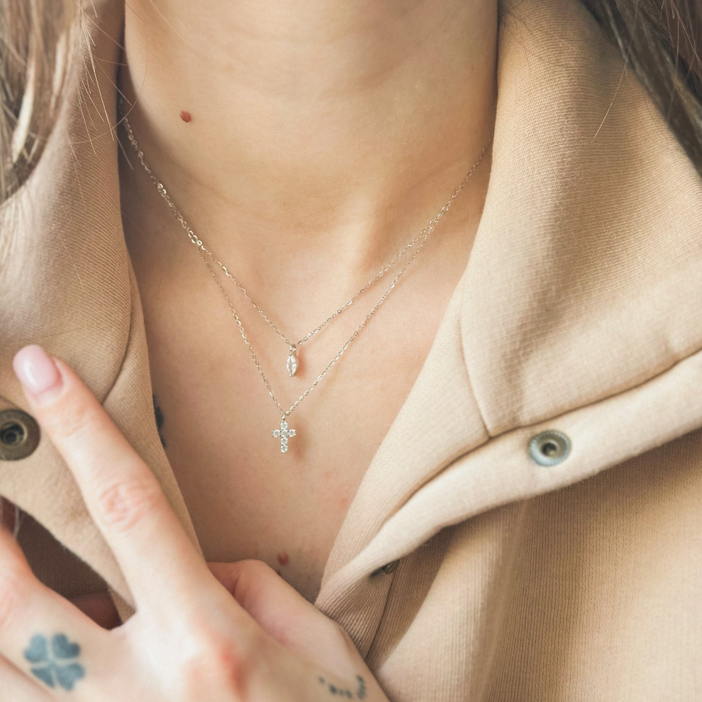 Sterling Silver Double Chain Cross Necklace