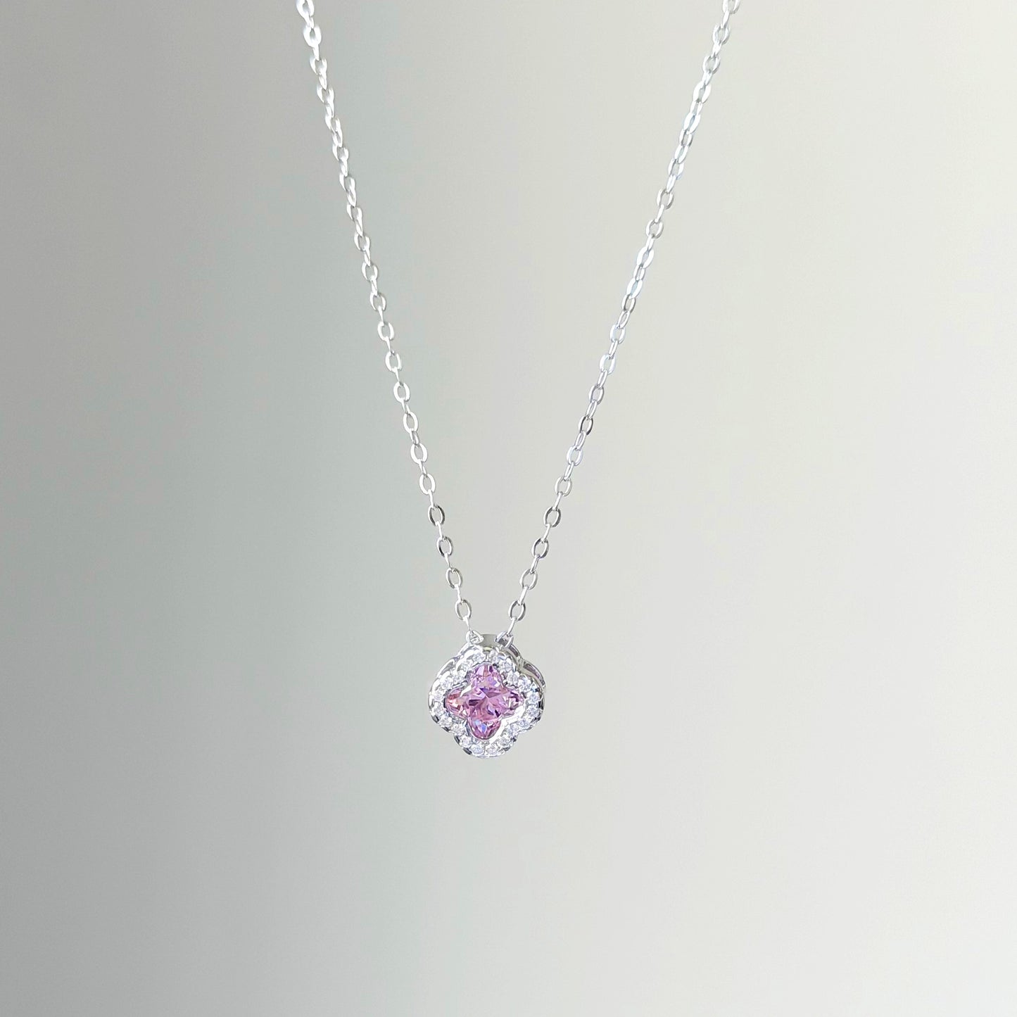 Sterling Silver Pink CZ Clover Necklace