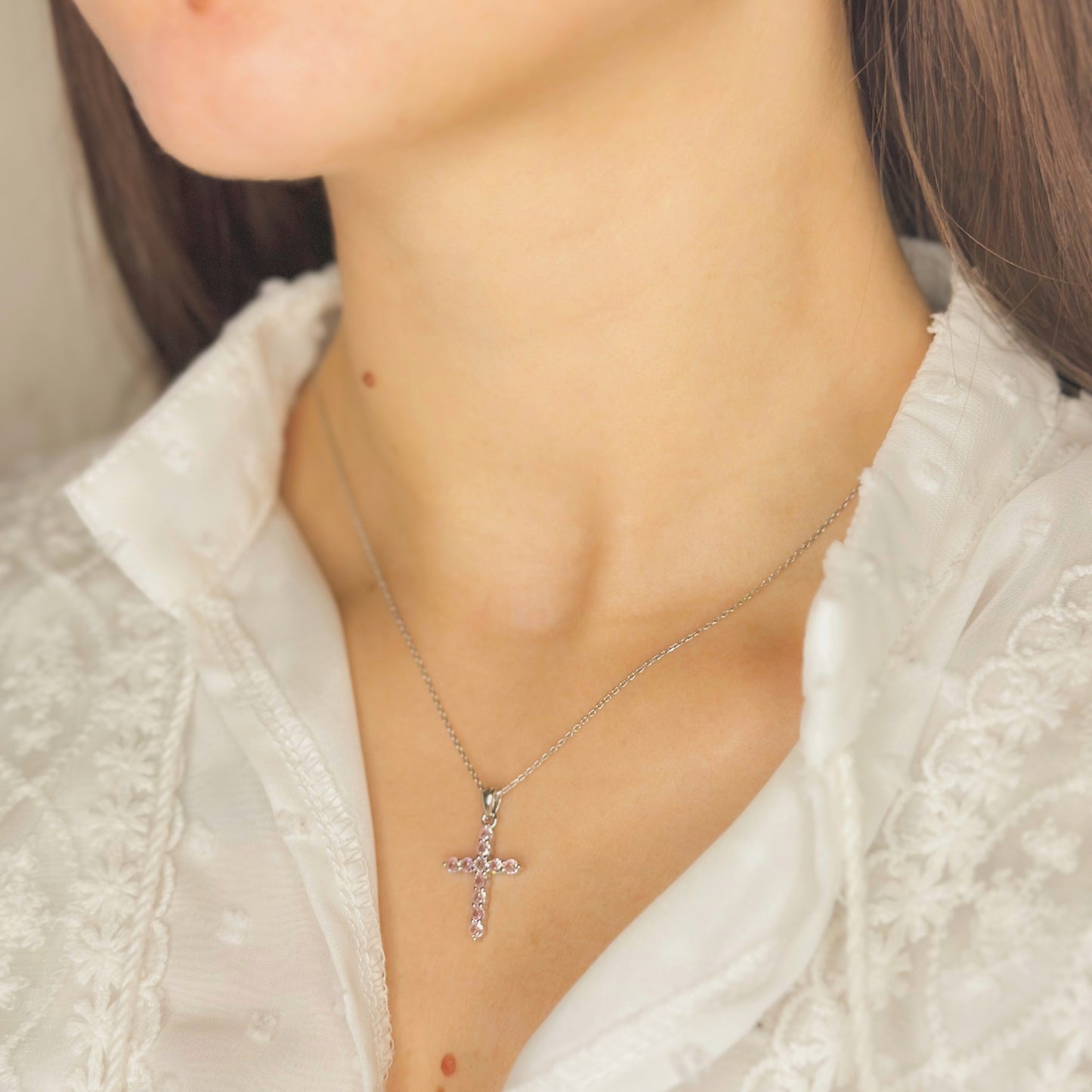 Maria Pink – Rhodium Plated Sterling Silver Cross Necklace with Pink CZ