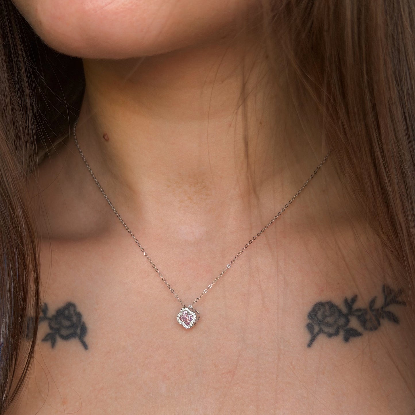 Sterling Silver Pink CZ Clover Necklace