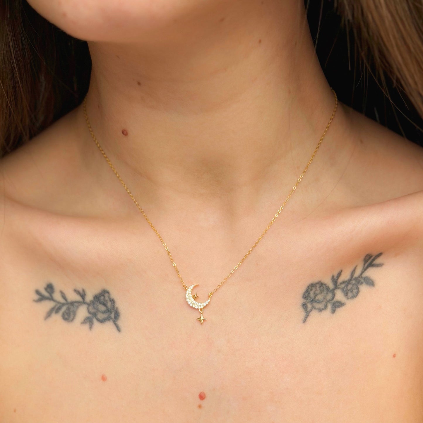 Sterling Silver CZ Moon & Star Necklace