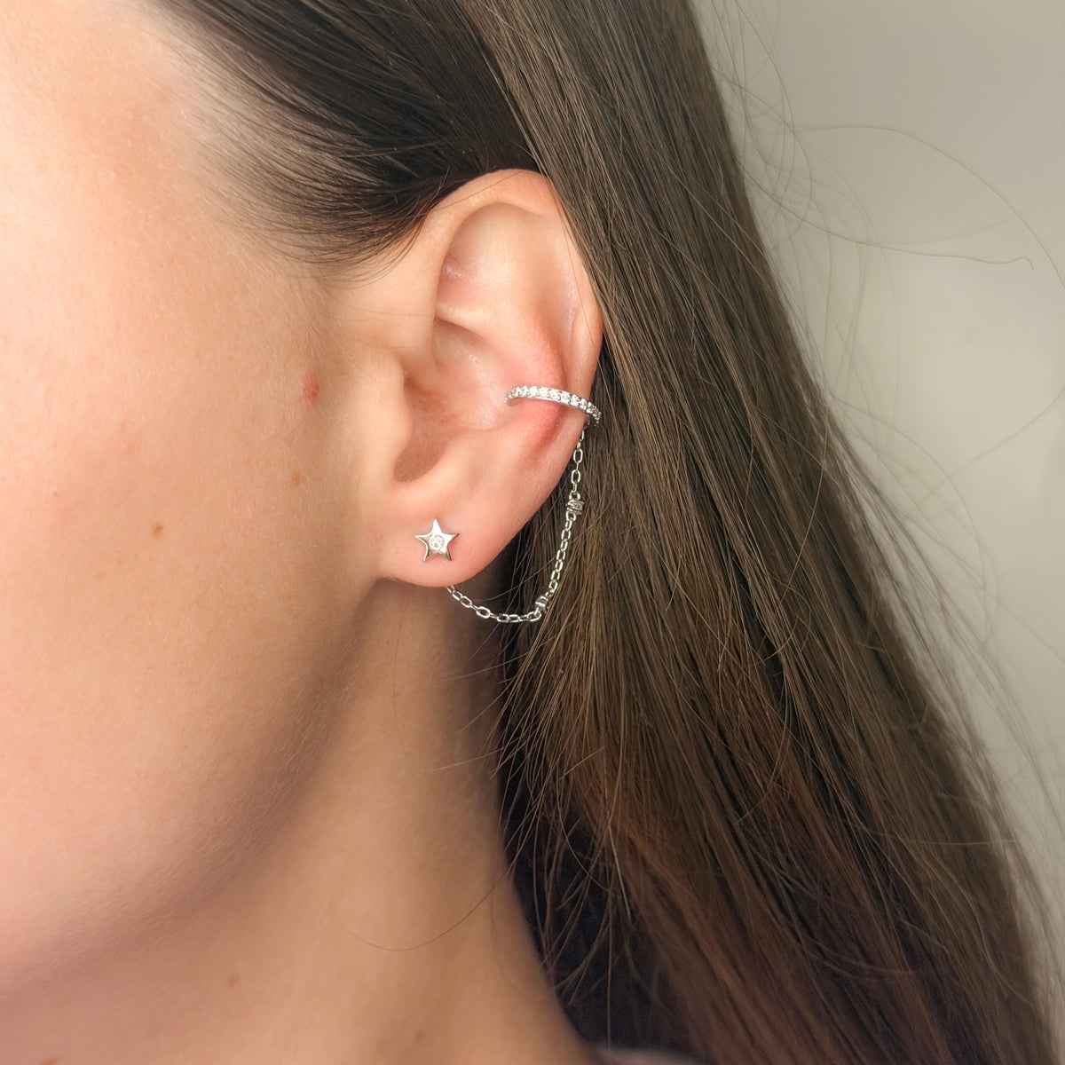 Sterling Silver Star & Huggie Chain Earrings