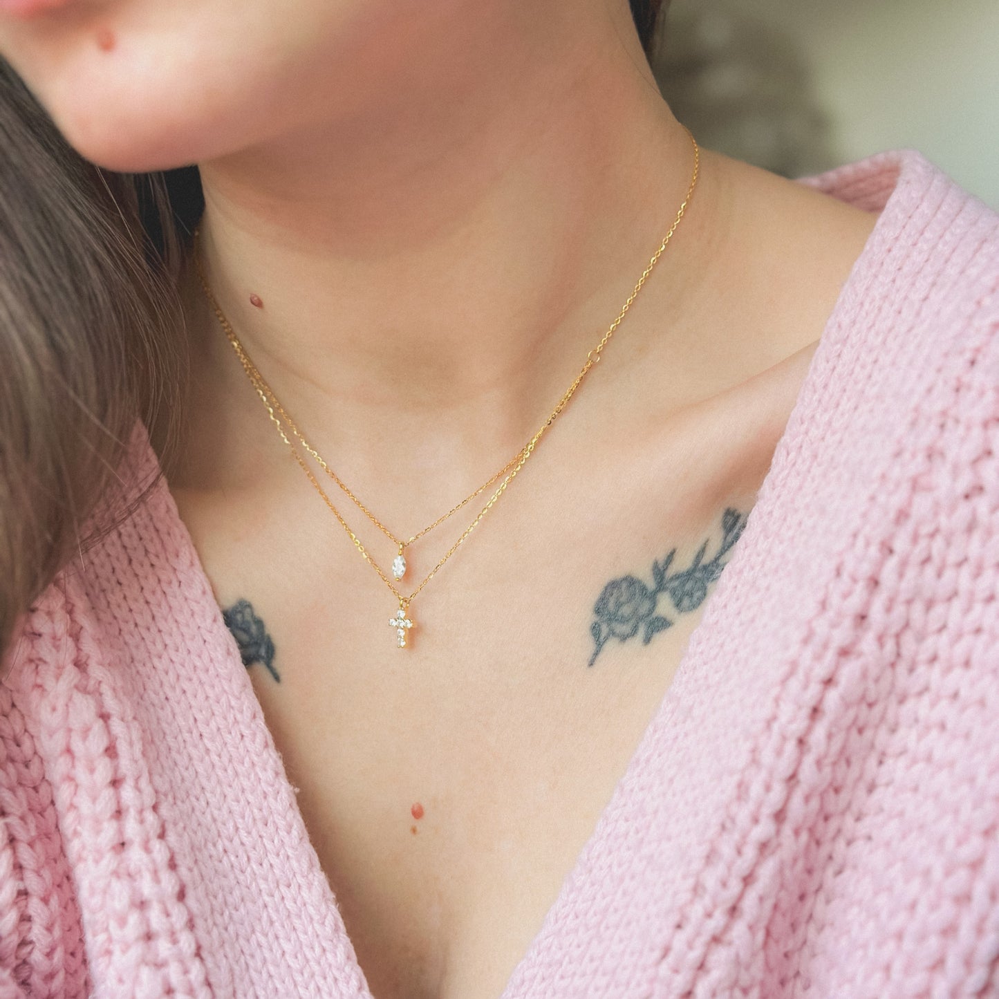 Sterling Silver Double Chain Cross Necklace