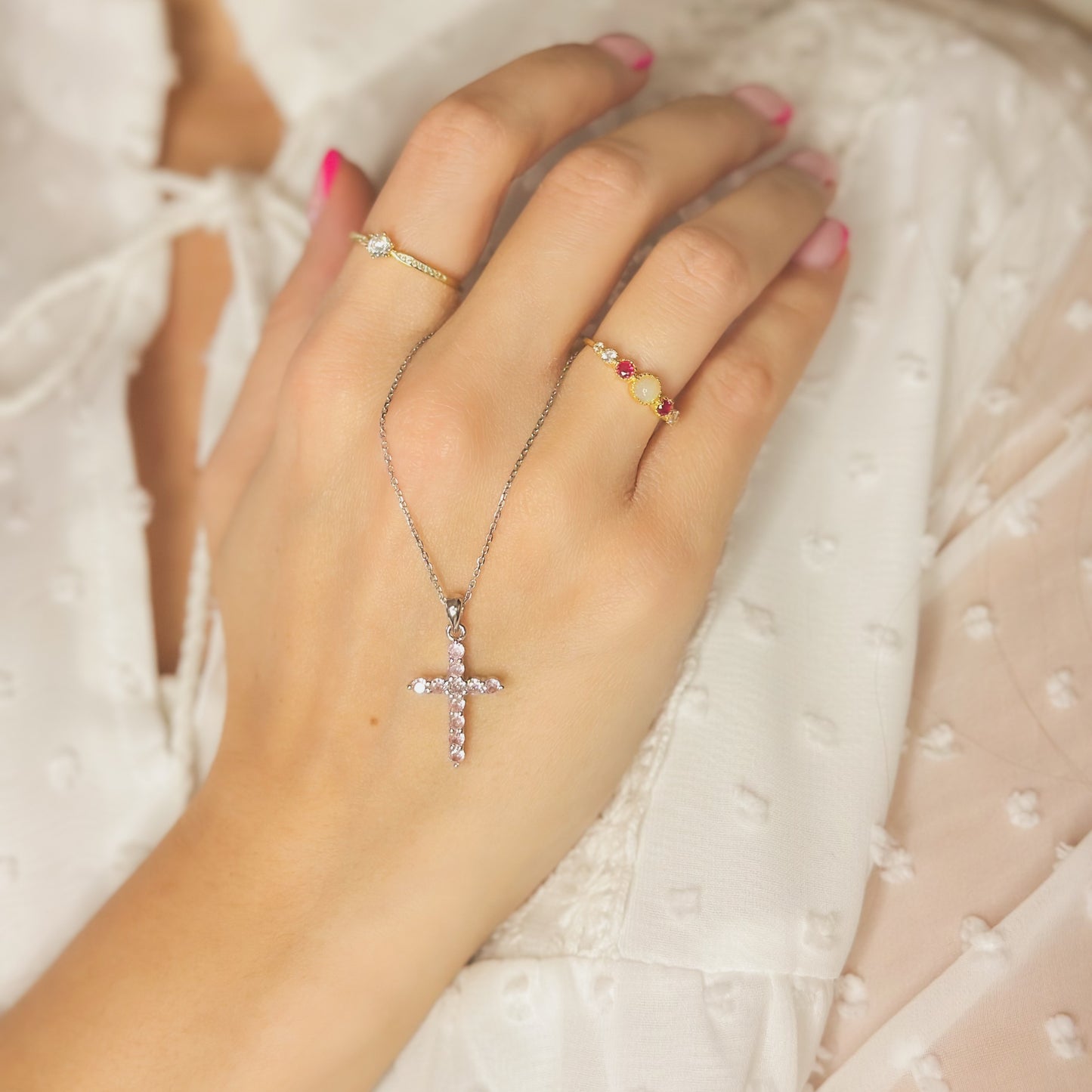 Maria Pink – Rhodium Plated Sterling Silver Cross Necklace with Pink CZ