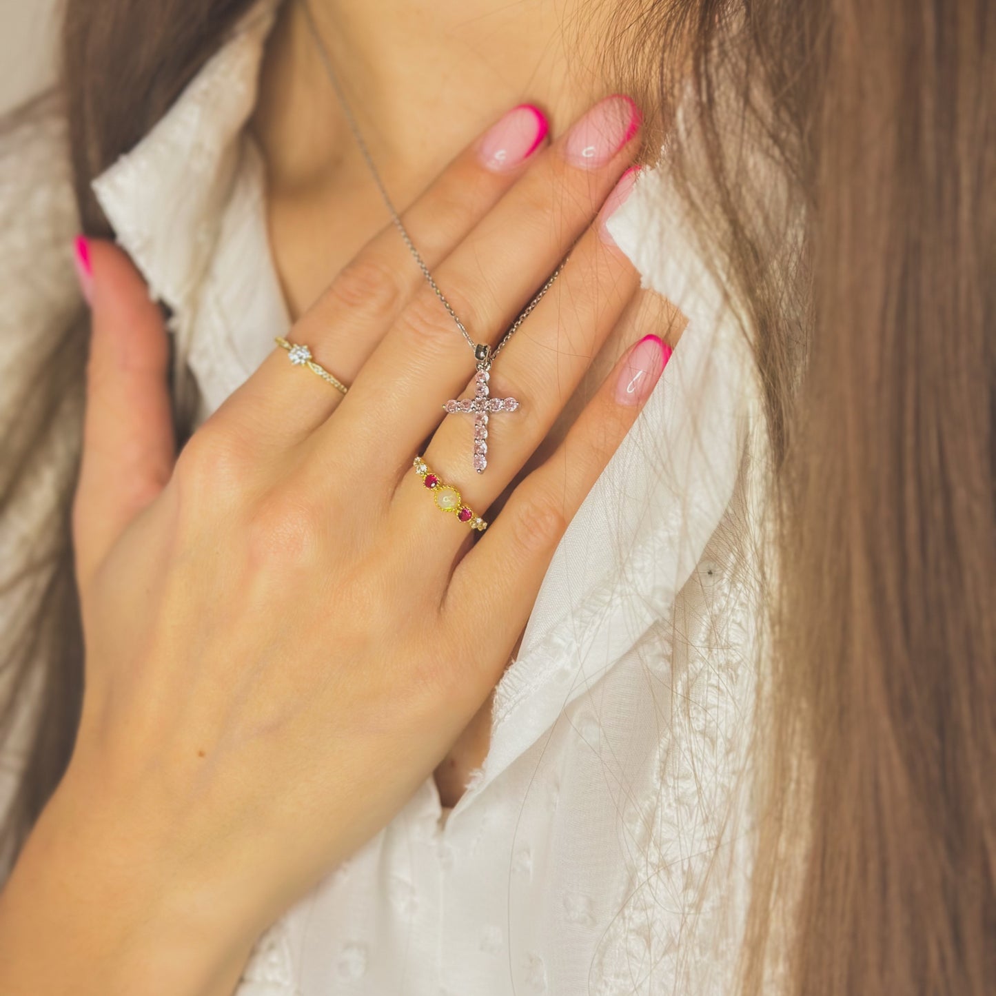 Maria Pink – Rhodium Plated Sterling Silver Cross Necklace with Pink CZ