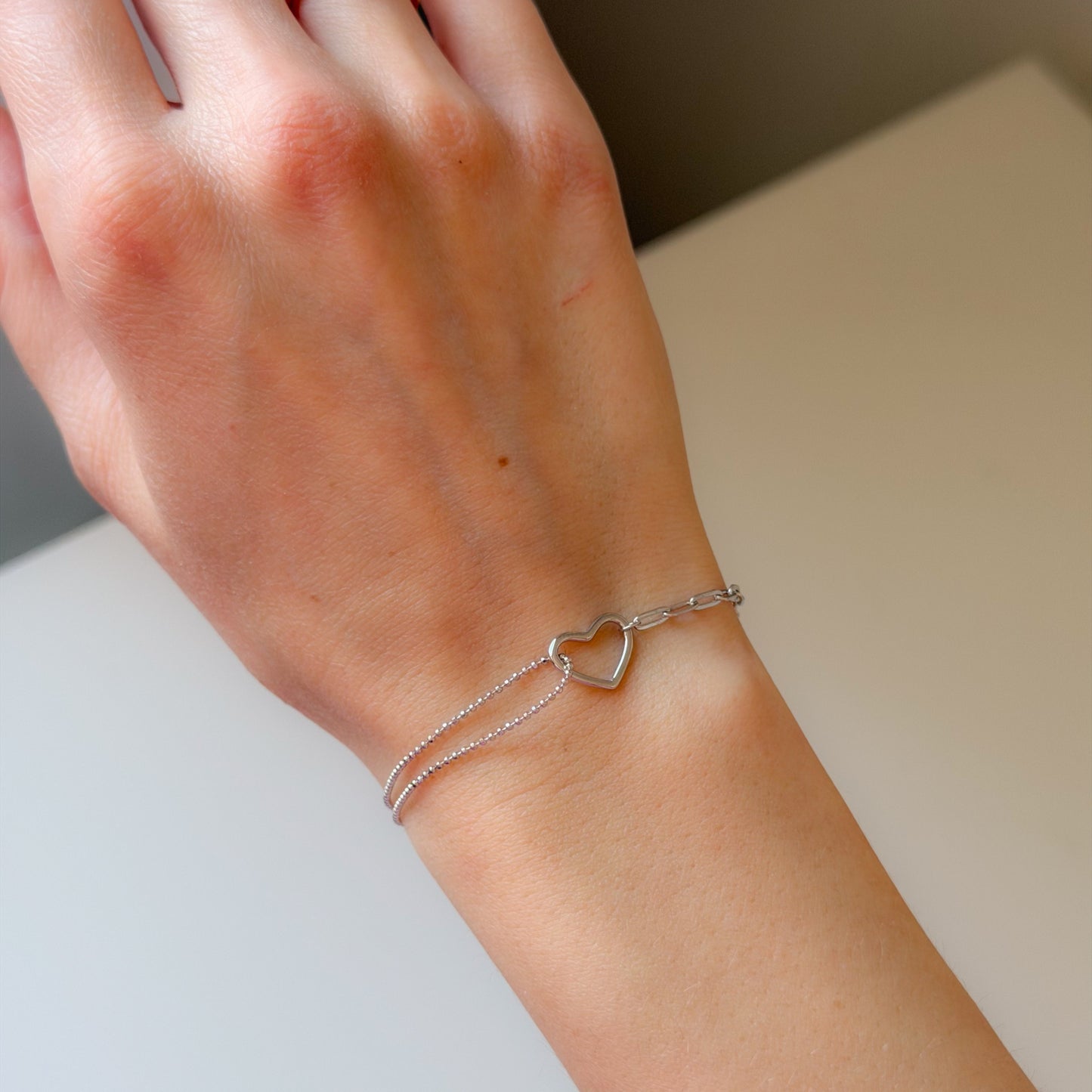 Sterling Silver Double Chain Heart Bracelet