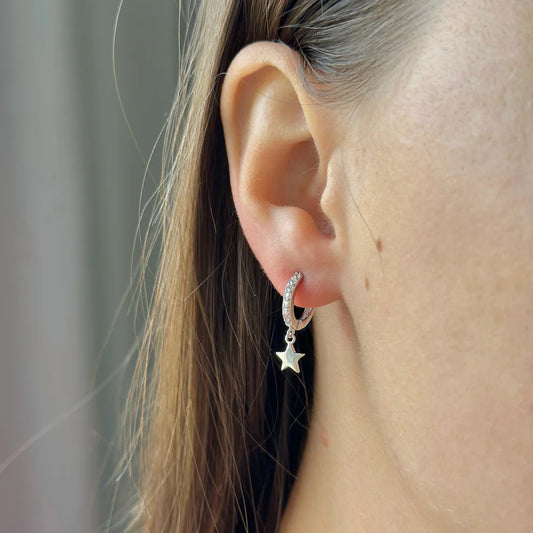 Sterling Silver CZ Star Charm Hoops